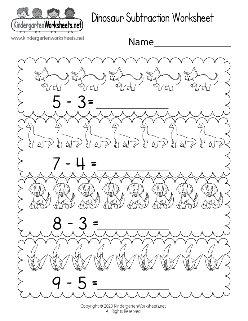 Kindergarten Dinosaur Subtraction Worksheet Printable