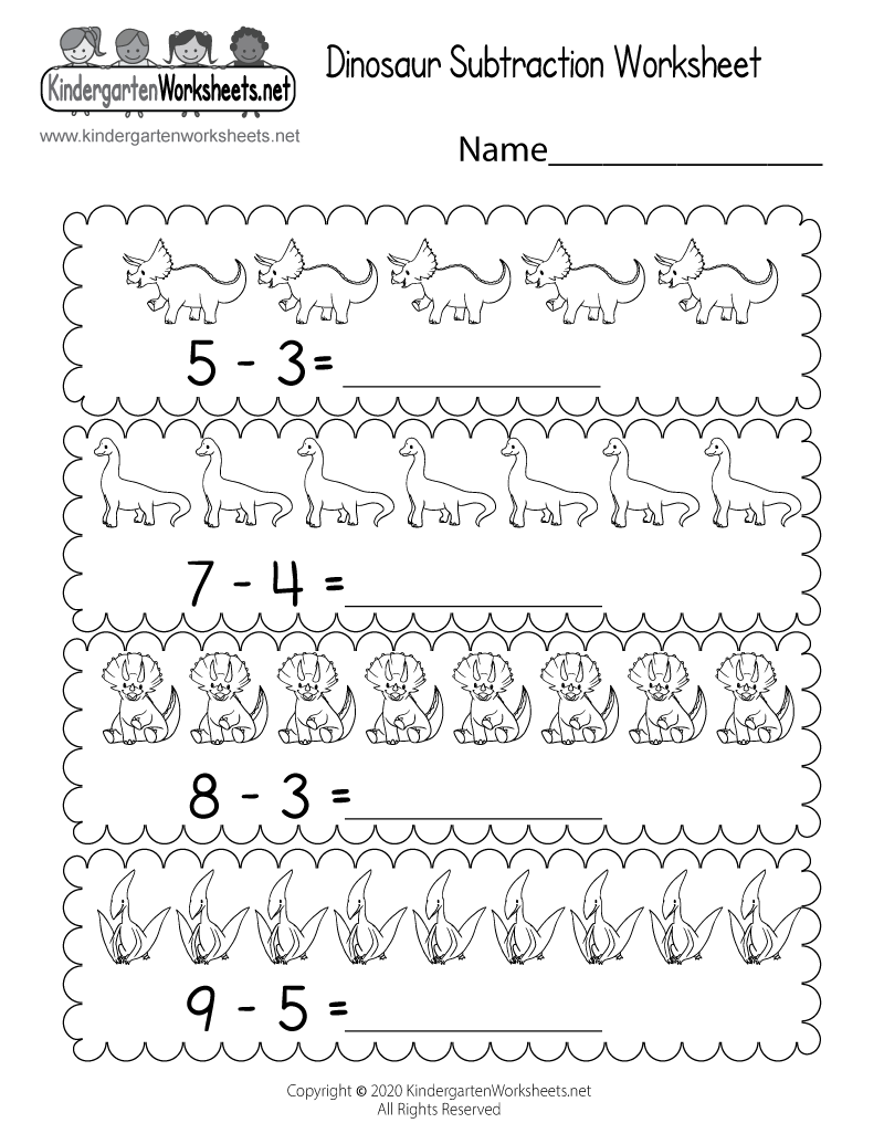 dinosaur subtraction worksheet for kindergarten free printable