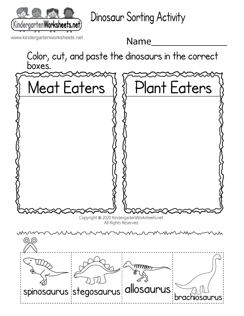 Kindergarten Dinosaur Sorting Activity Worksheet Printable