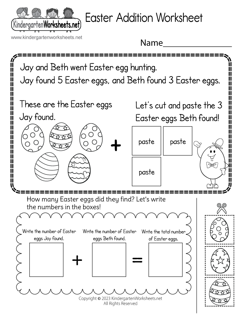 Kindergarten Easter Addition Worksheet Printable