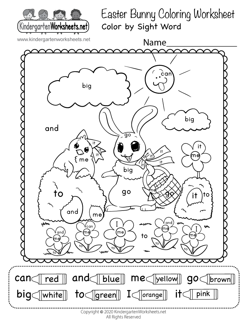 Easter Bunny Color By Sight Word Worksheet For Kindergarten