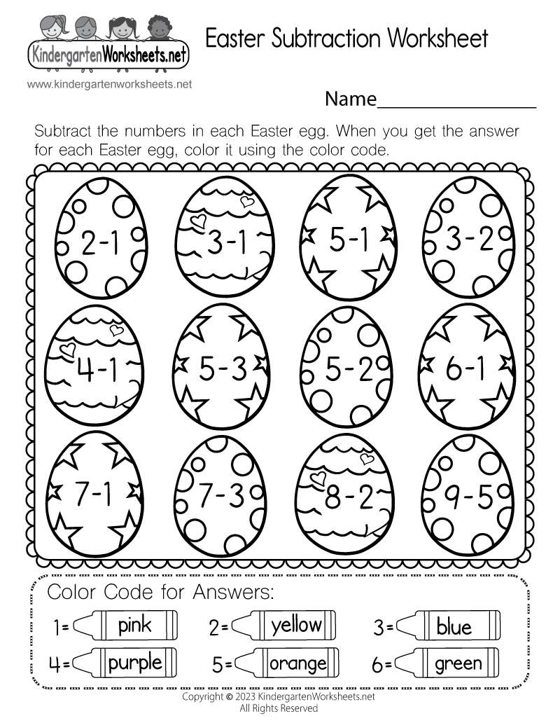 Kindergarten Easter Subtraction Worksheet Printable