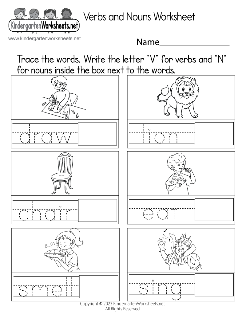 Kindergarten Verbs and Nouns Worksheet Printable