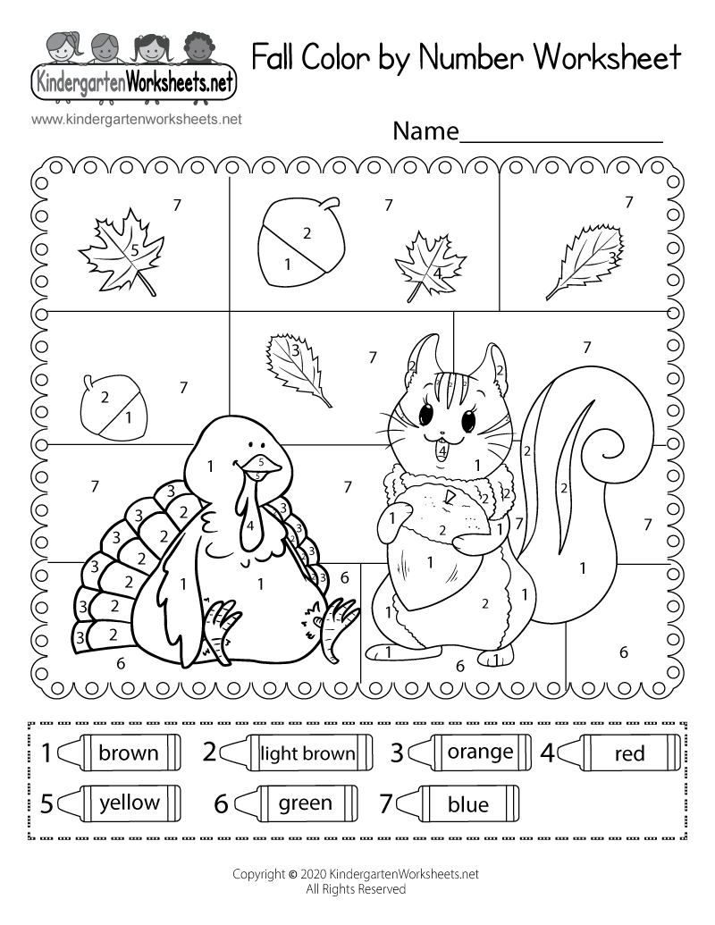 Kindergarten Fall Color by Number Worksheet Printable