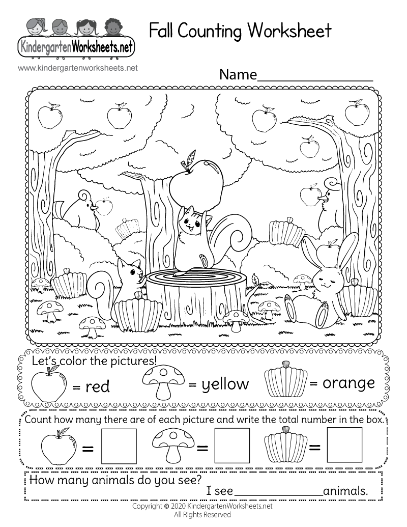 Kindergarten Fall Counting Worksheet Printable