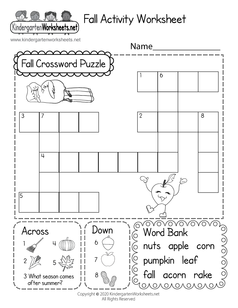 Fall Crossword Puzzle Worksheet for Kindergarten Free Printable