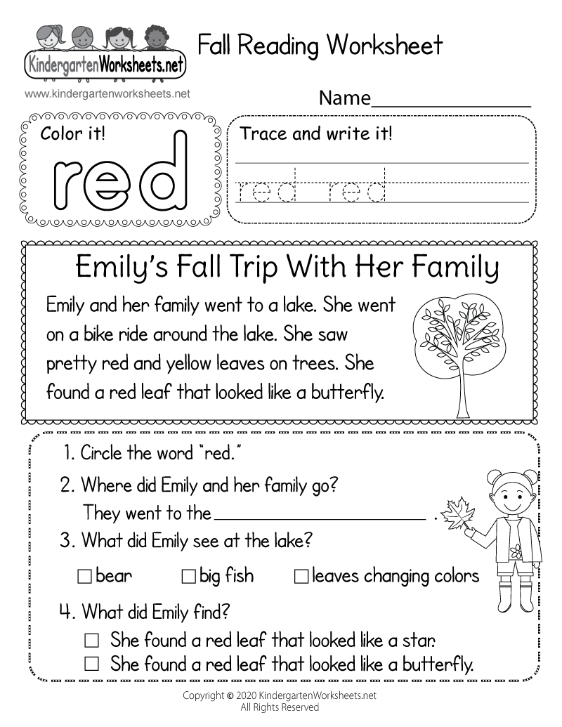 Kindergarten Fall Reading Worksheet Printable