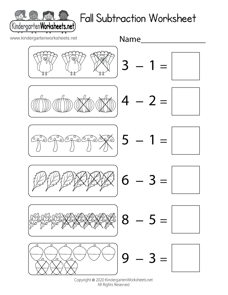 fall subtraction within 10 worksheet for kindergarten free printable