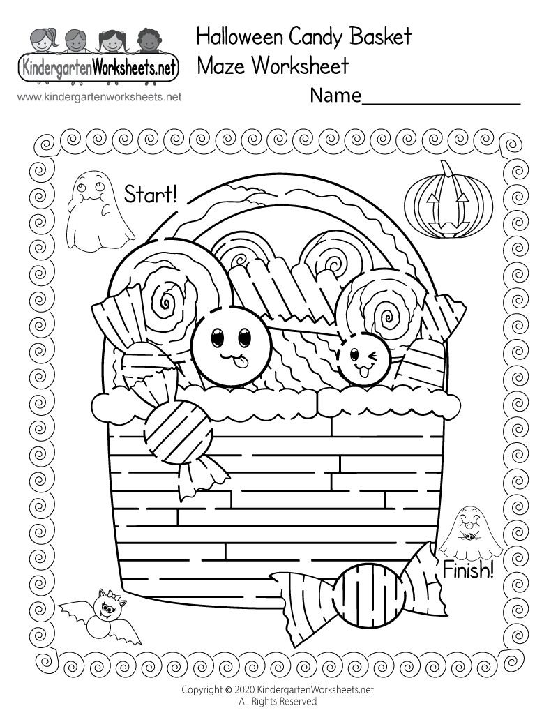 Kindergarten Halloween Basket Maze Worksheet Printable