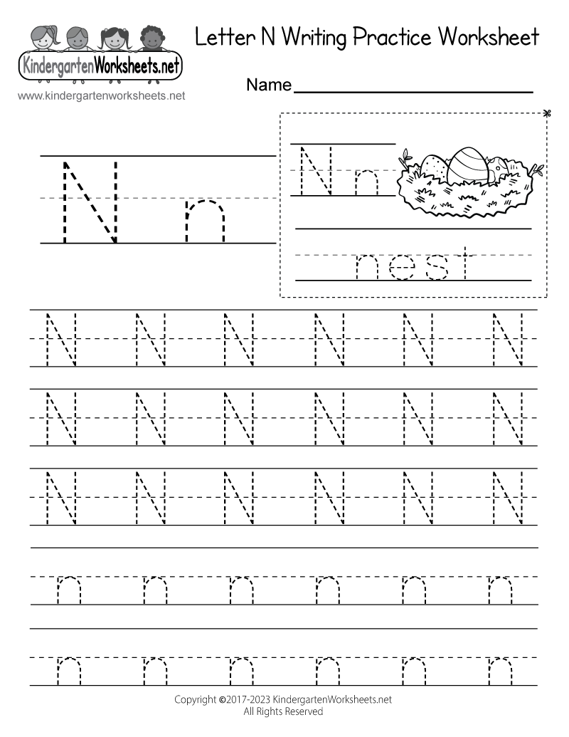 Kindergarten Letter N Writing Practice Worksheet Printable