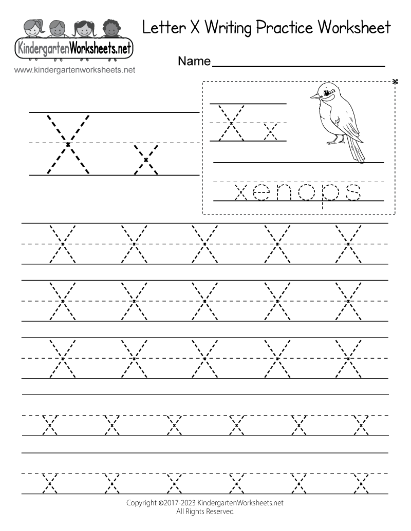 free printable letter x writing practice worksheet for kindergarten