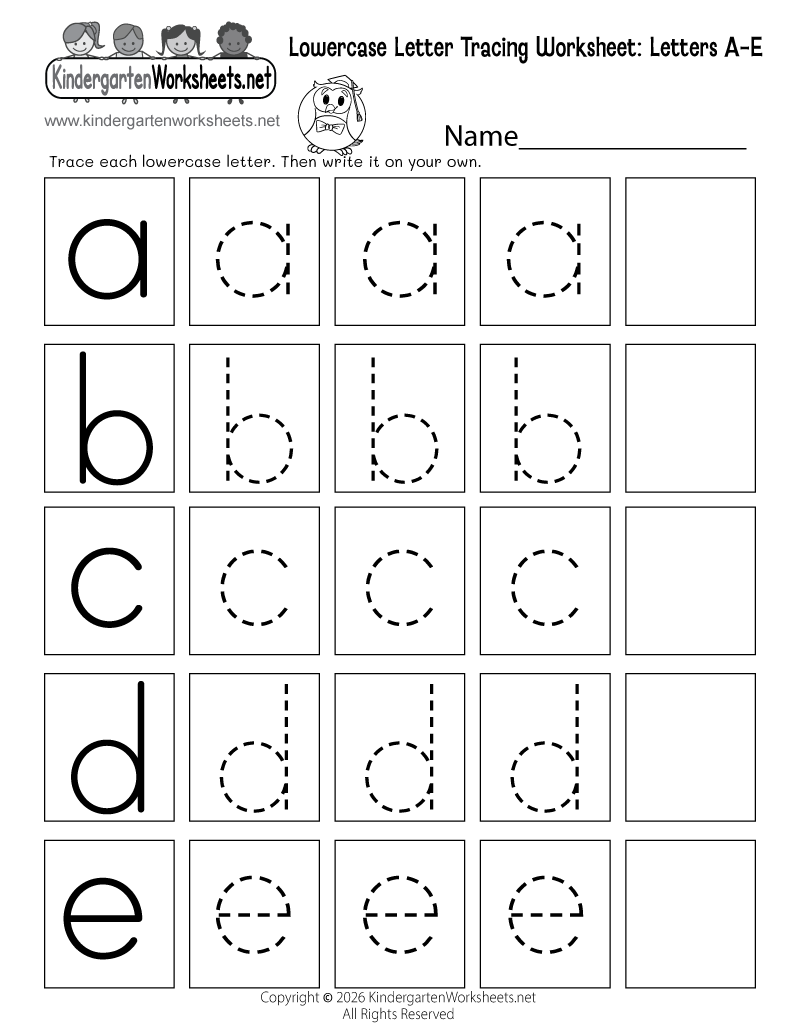 Kindergarten Lowercase Letter Tracing Worksheet A-E Printable