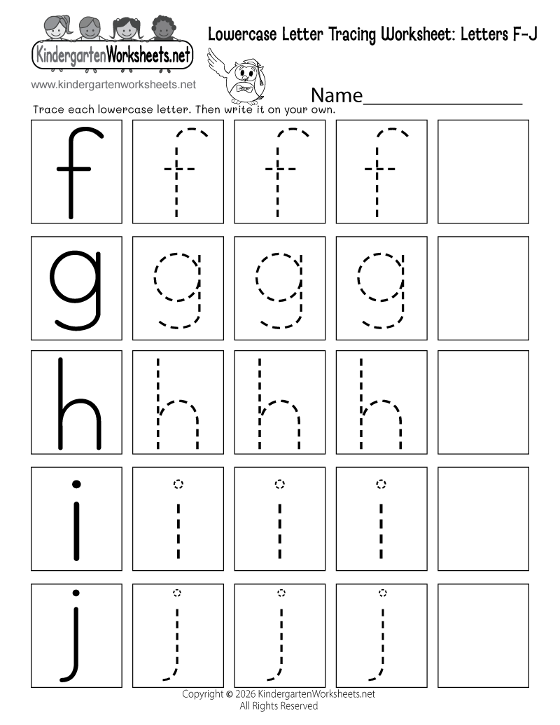 Kindergarten Lowercase Letter Tracing Worksheet F-J Printable