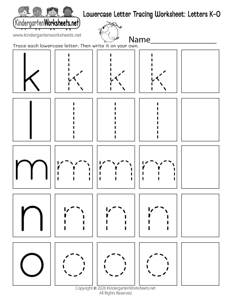 Kindergarten Lowercase Letter Tracing Worksheet K-O Printable