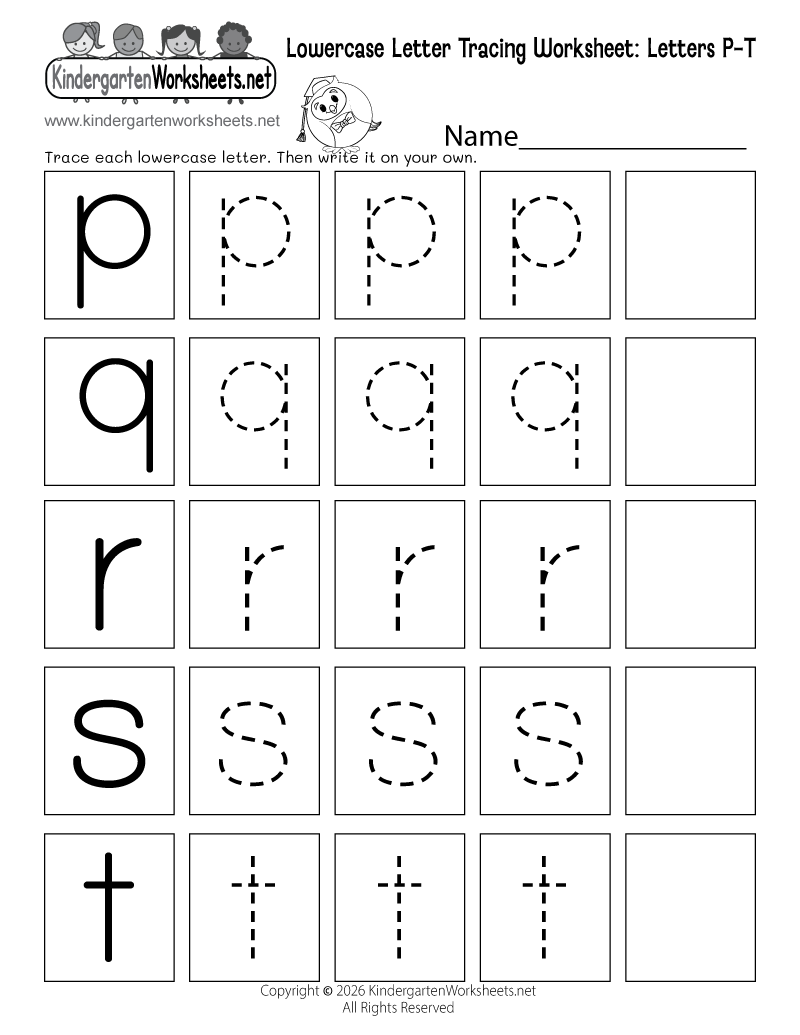 Kindergarten Lowercase Letter Tracing Worksheet P-T Printable