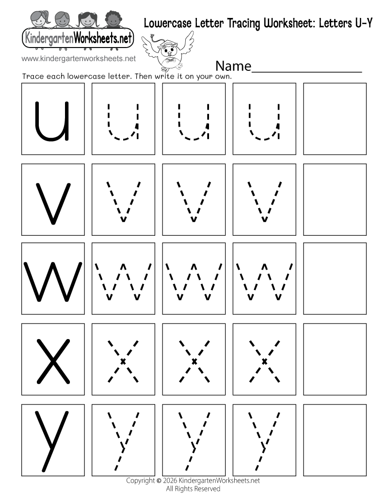 Kindergarten Lowercase Letter Tracing Worksheet U-Y Printable