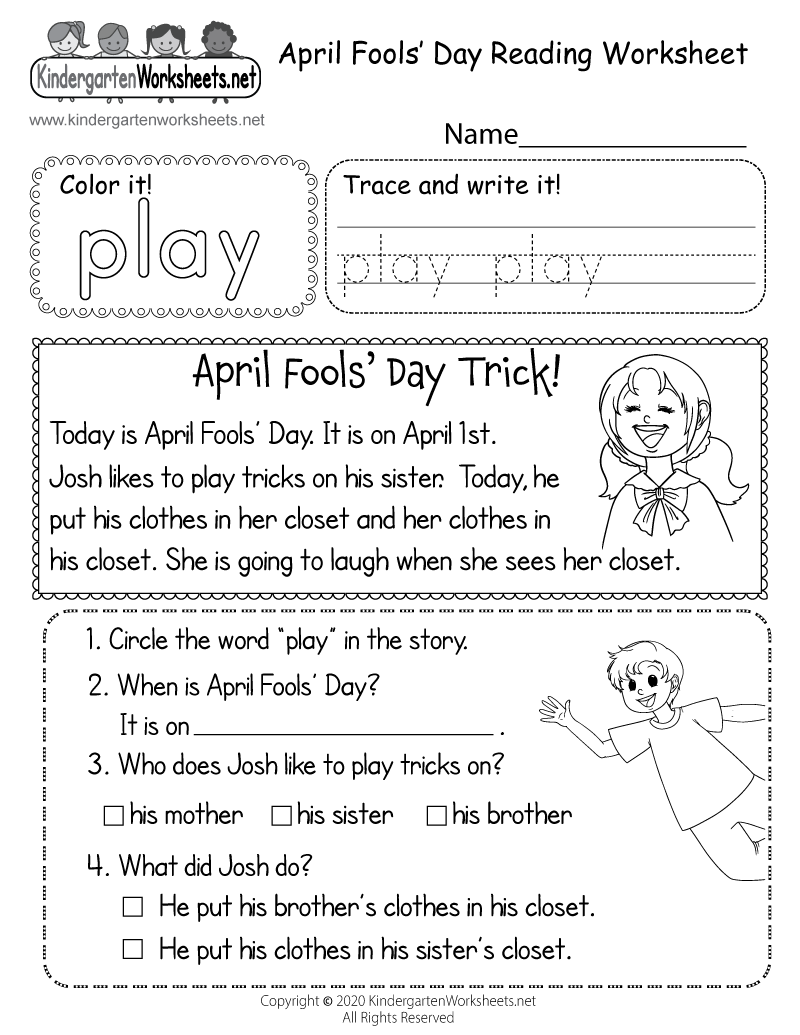 Free Printable April Fools' Day Reading Worksheet