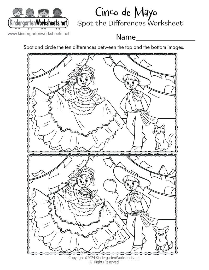 Kindergarten Cinco de Mayo Spot the Differences Worksheet Printable