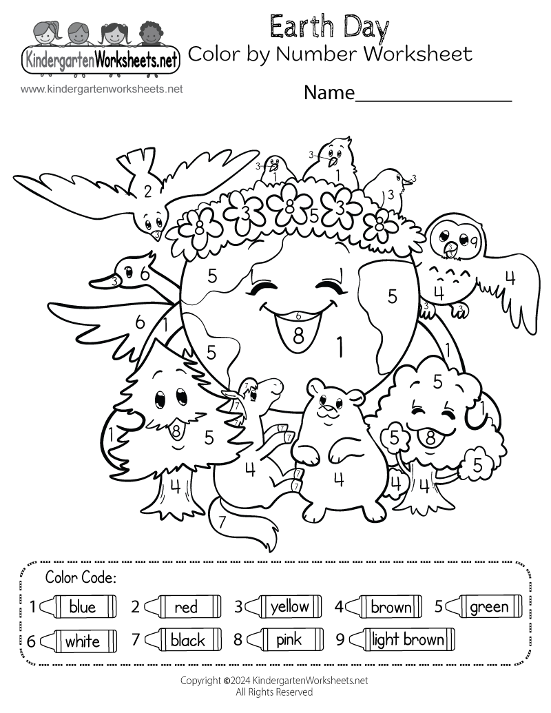 Kindergarten Earth Day Color by Number Worksheet Printable