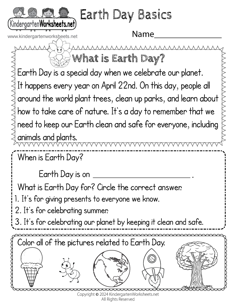 Kindergarten Earth Day Worksheet Printable