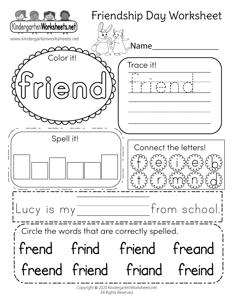 Kindergarten Friendship Day Worksheet Printable