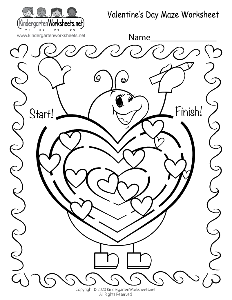 Kindergarten Fun Valentine's Day Maze Worksheet Printable