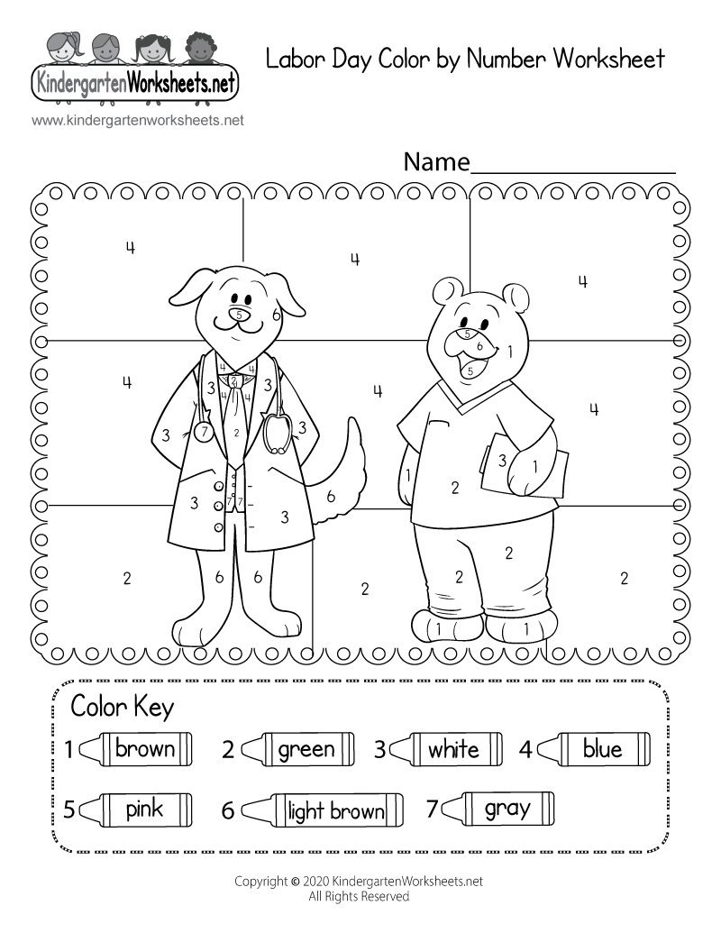 Labor Day Color by Number Worksheet for Kindergarten