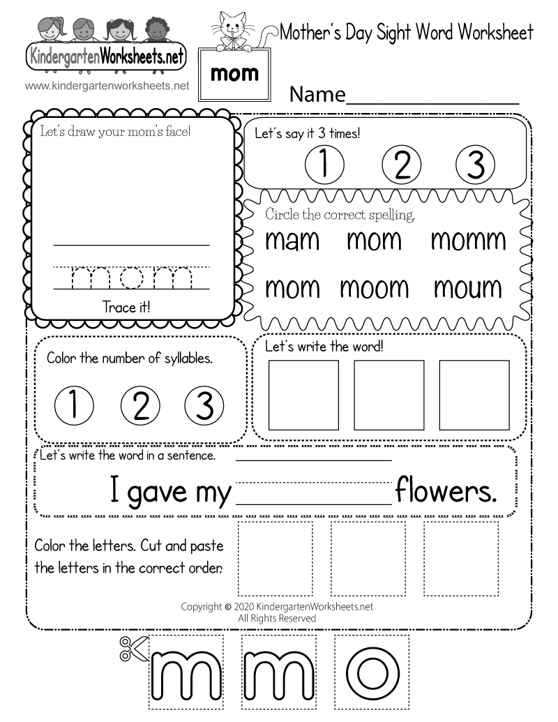 Kindergarten Mother's Day Sight Word Worksheet Printable - Mom
