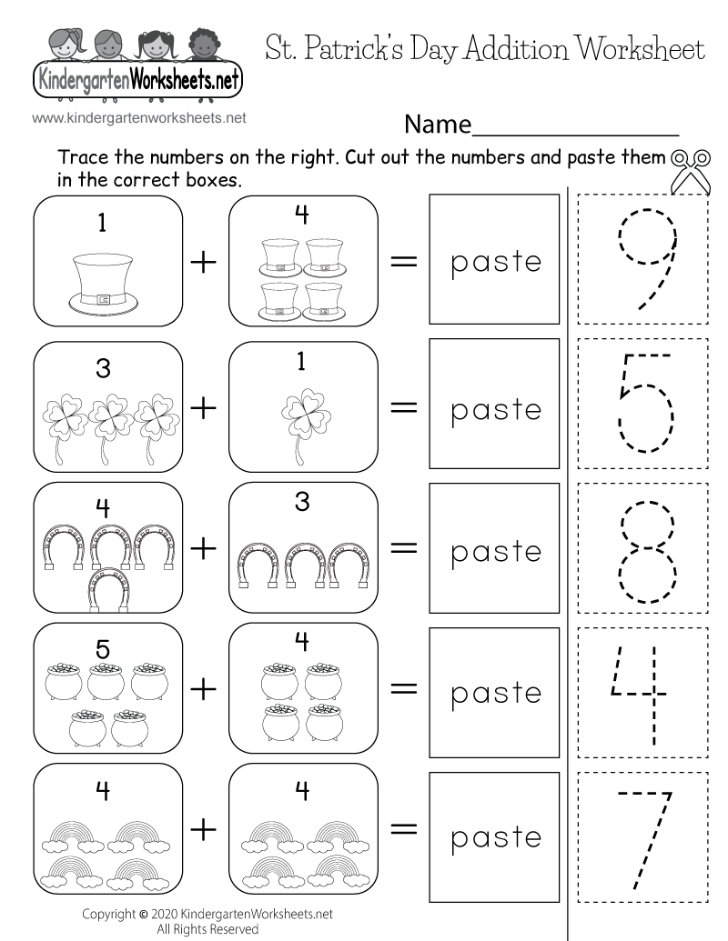 Kindergarten St. Patrick's Day Addition Worksheet Printable