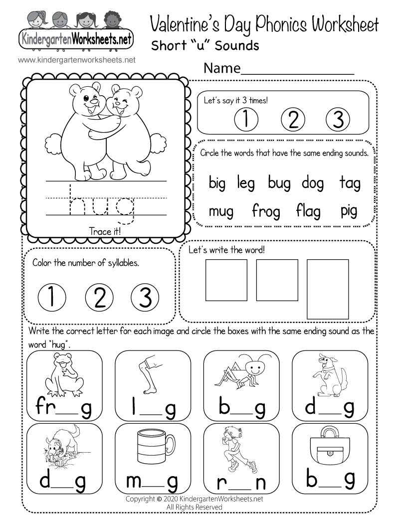 Kindergarten Valentine's Day Phonics Worksheet Printable