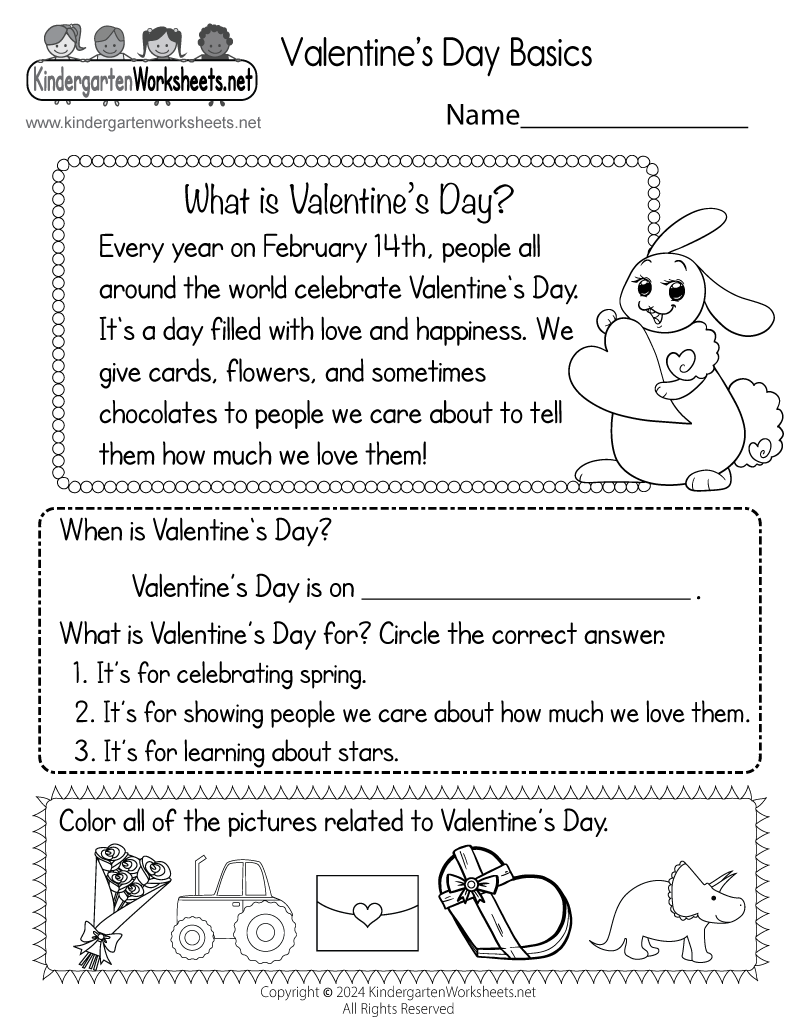 Kindergarten Valentine's Day Basics Worksheet Printable