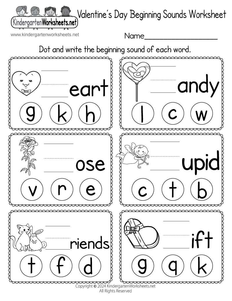 Kindergarten Valentine's Day Beginning Sounds Worksheet Printable