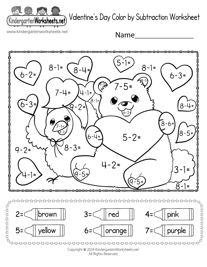 Kindergarten Valentine's Day Color by Subtraction Worksheet Printable