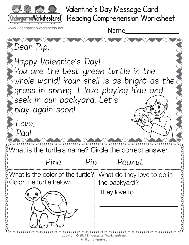 Kindergarten Valentine's Day Reading Comprehension Worksheet Printable