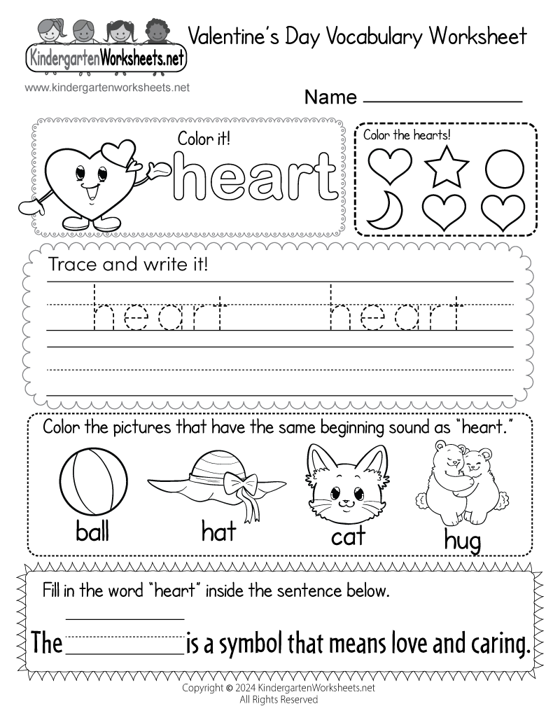 Kindergarten Valentine's Day Vocabulary Worksheet Printable