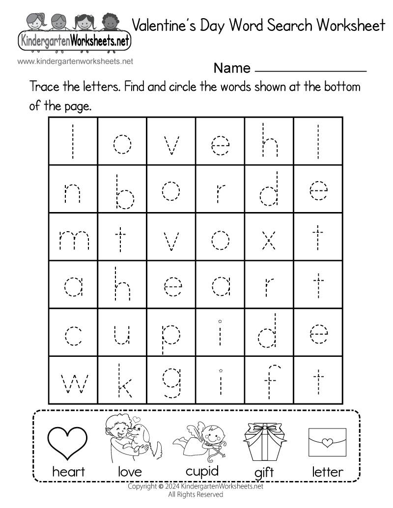 Kindergarten Valentine's Day Word Search Worksheet Printable