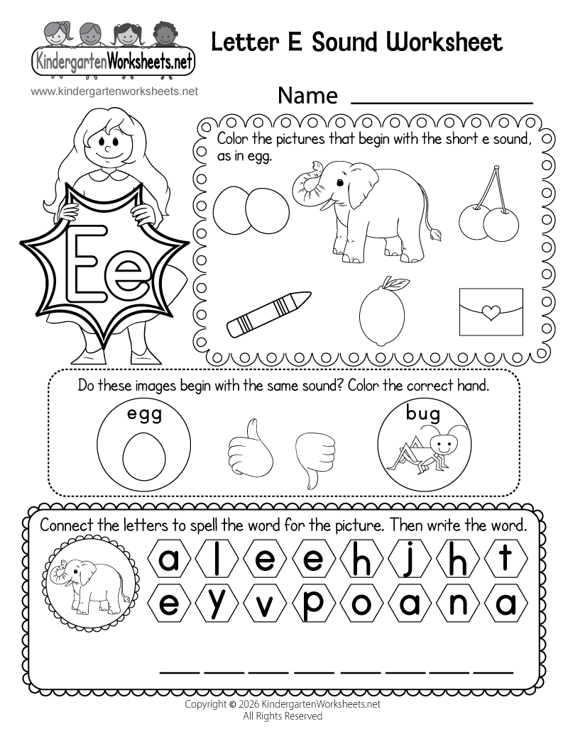 Kindergarten Letter E Sound Worksheet Printable