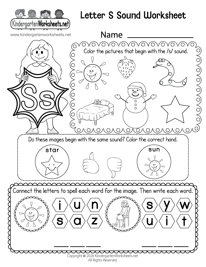 Kindergarten Letter S Sound Worksheet Printable