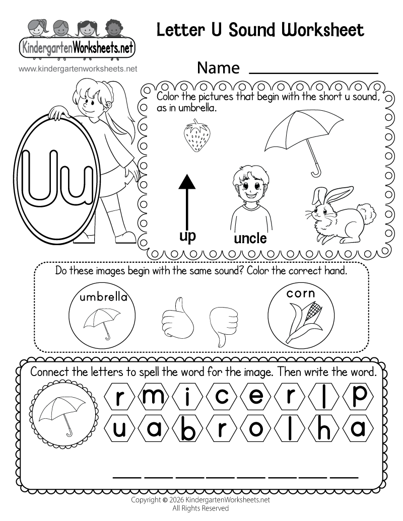 Kindergarten Letter U Sound Worksheet Printable