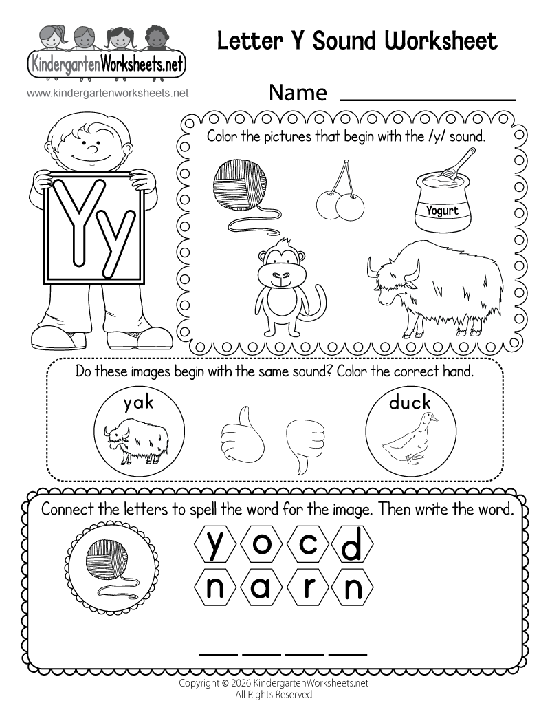 Kindergarten Letter Y Sound Worksheet Printable