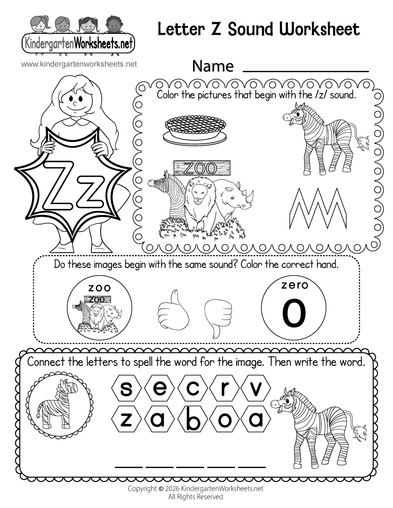 Kindergarten Letter Z Sound Worksheet Printable