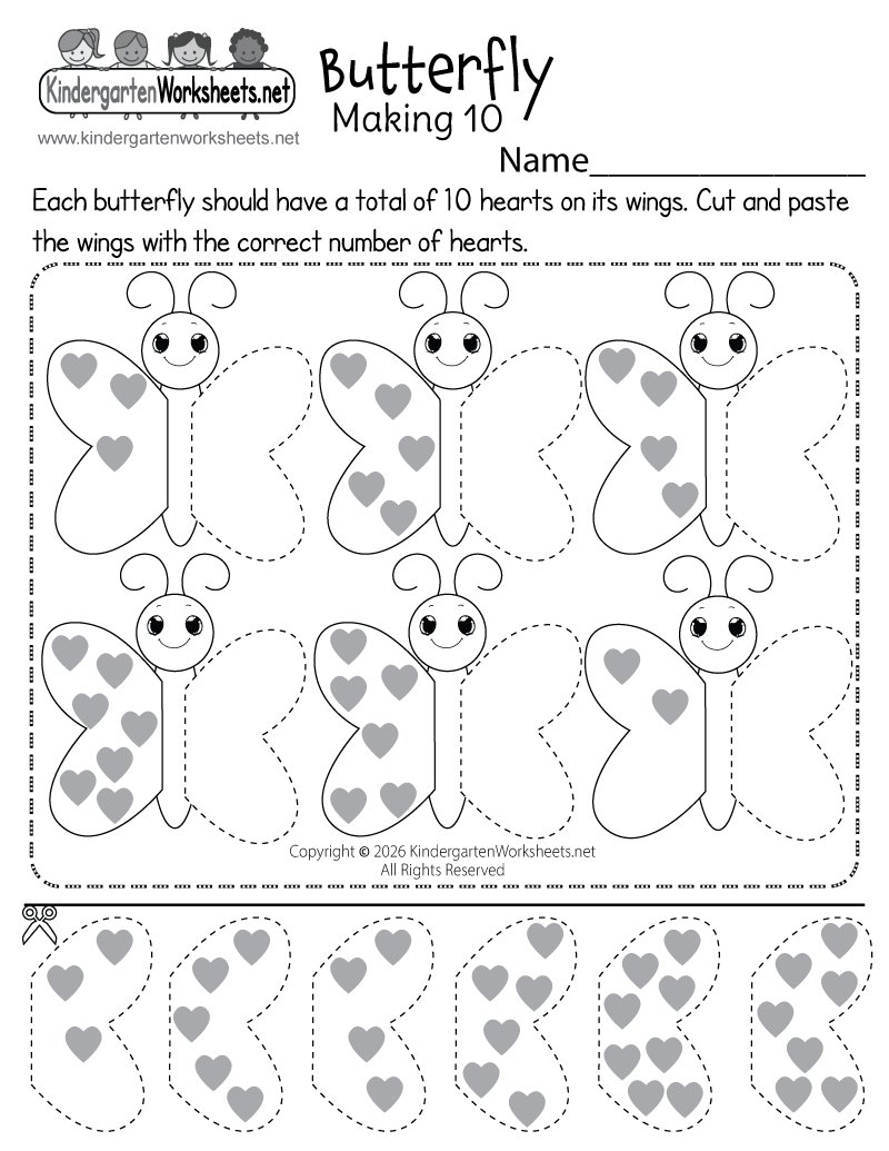Kindergarten Butterfly Making 10 Worksheet Printable