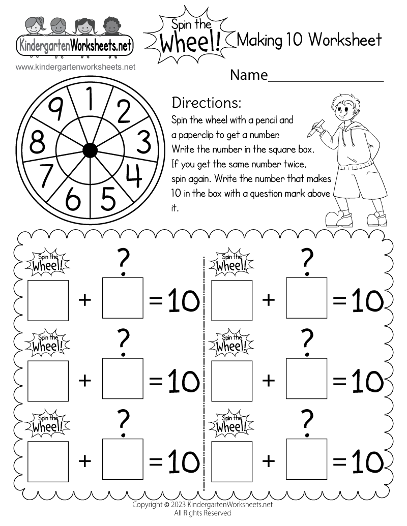 Kindergarten Spin the Wheel Making 10 Worksheet Printable
