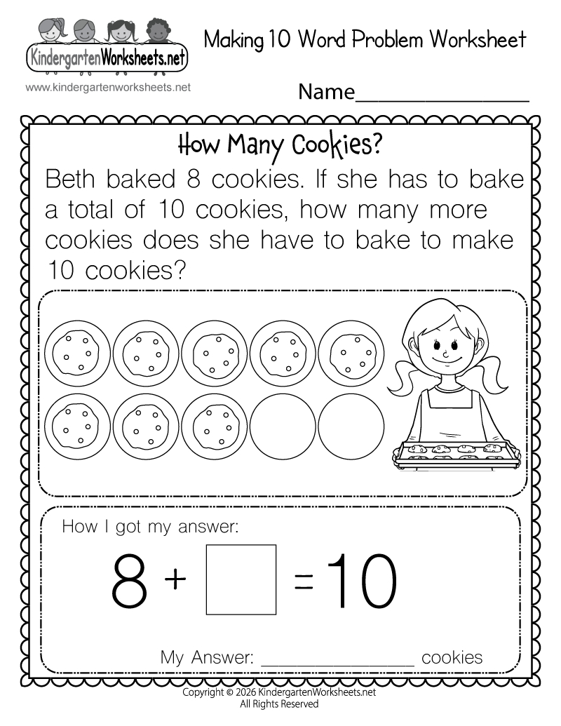 Kindergarten Making 10 Word Problem Worksheet Printable