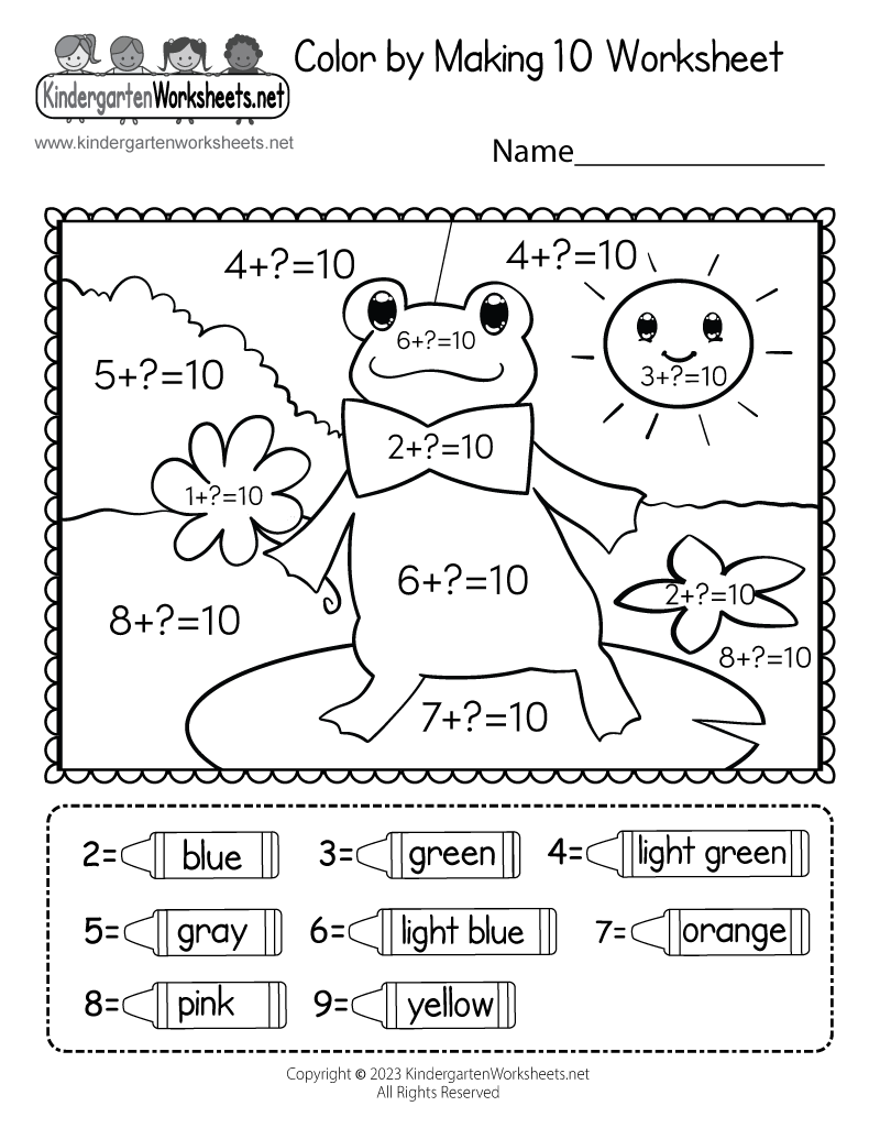 Kindergarten Color by Making 10 Worksheet Printable