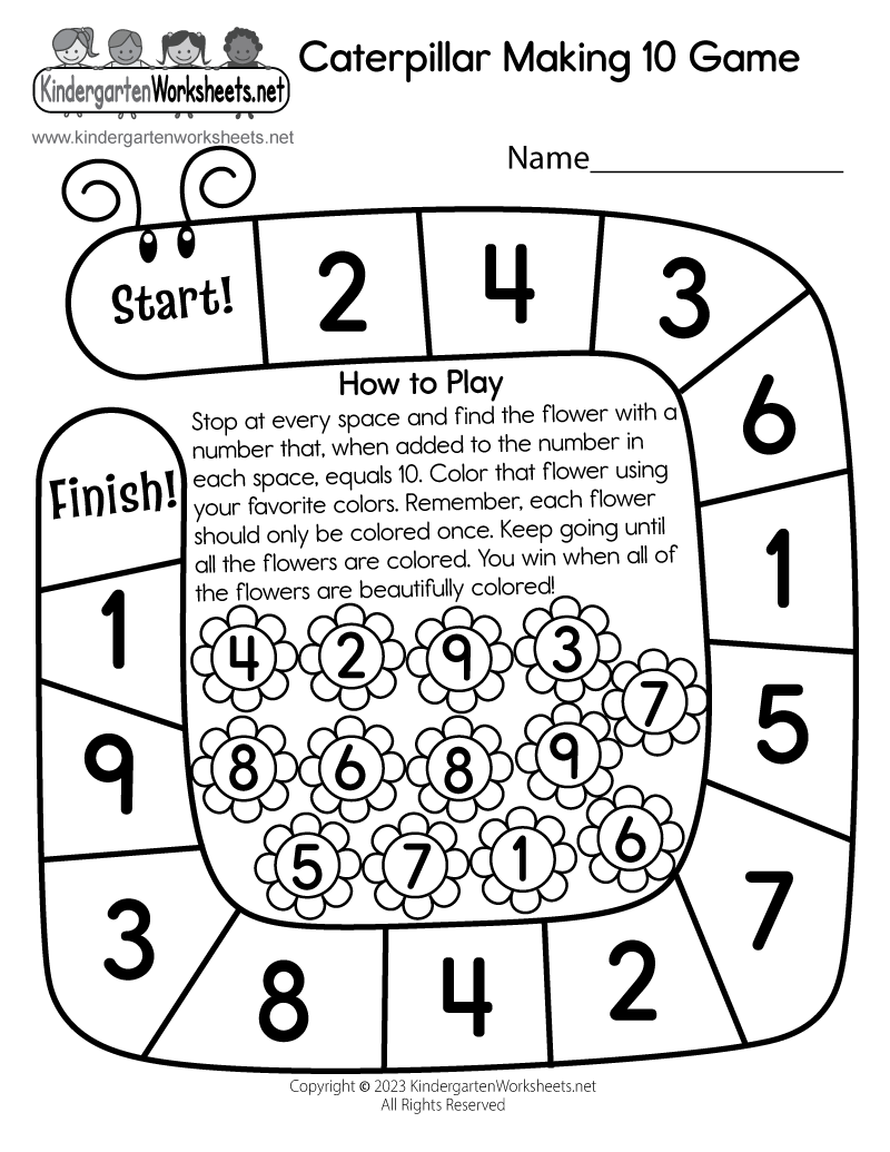 Kindergarten Caterpillar Making 10 Game Worksheet Printable