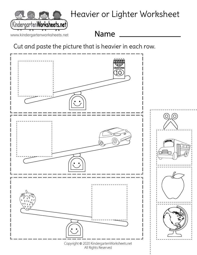 Kindergarten Heavier or Lighter Worksheet Printable