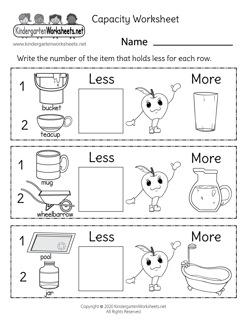 Kindergarten Capacity Worksheet Printable