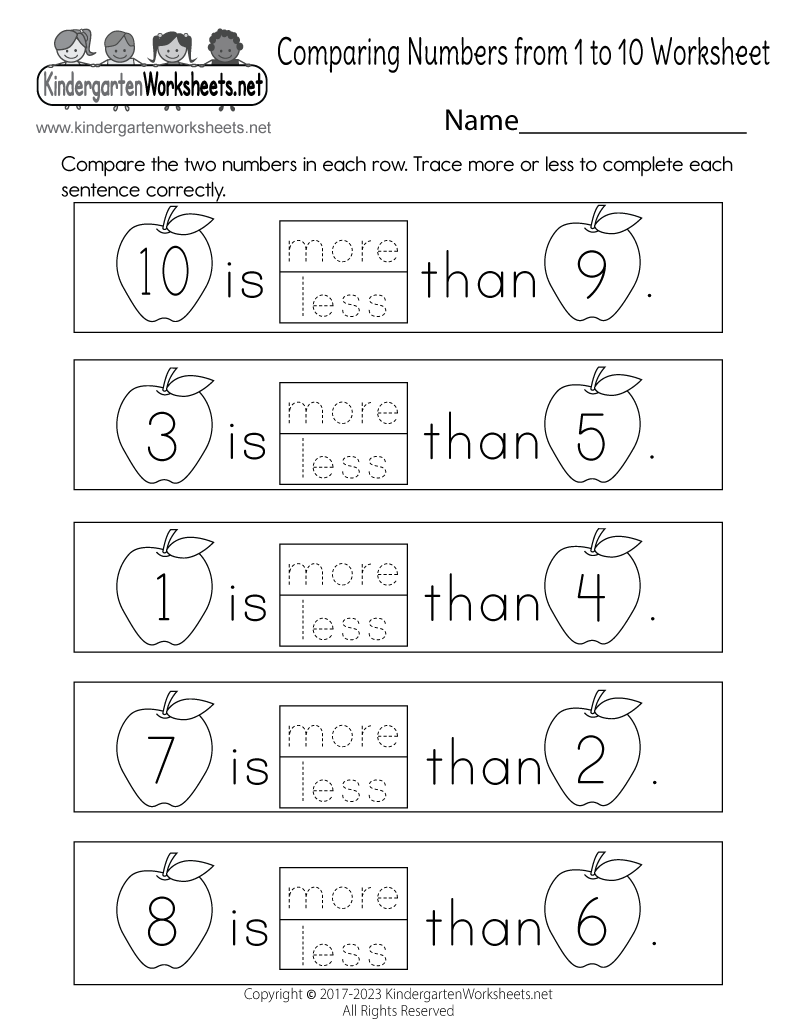 Kindergarten Comparing Numbers from 1 to 10 Worksheet
 Printable