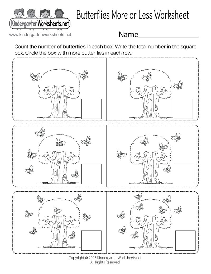 Kindergarten Butterflies More or Less Worksheet Printable